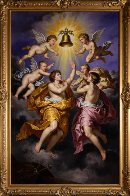 Baroque altarpiece painting of the Bell ascending in glory through storm clouds, cherubs and celestial rays.