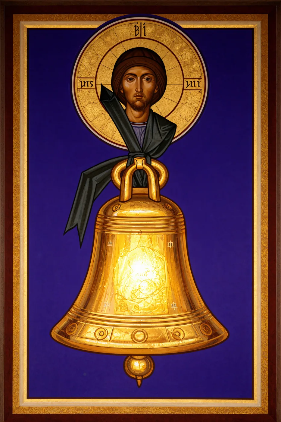 A Byzantine-style icon of the golden Bell, haloed in gold leaf against a deep purple ground.
