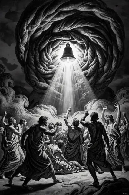 High-contrast Doré-style engraving of the Bell blazing with light, driving back a swirling darkness.
