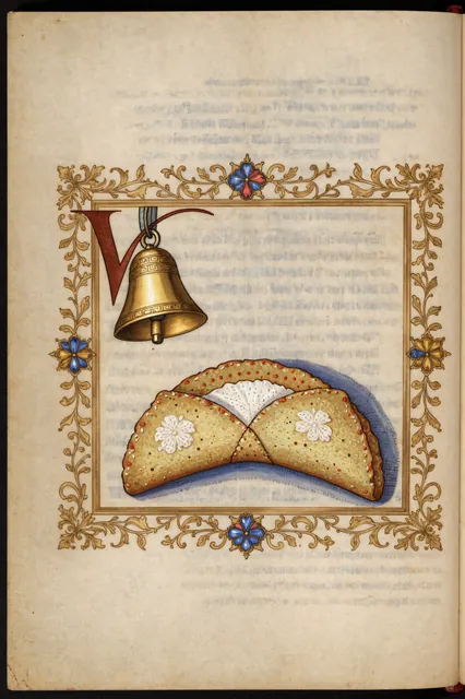Illuminated manuscript miniature of the Bell and a folded tortilla on gilded parchment.