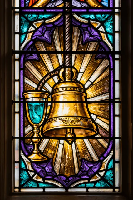 Stained glass window of the golden Bell in gold, purple, and teal, light pouring through.